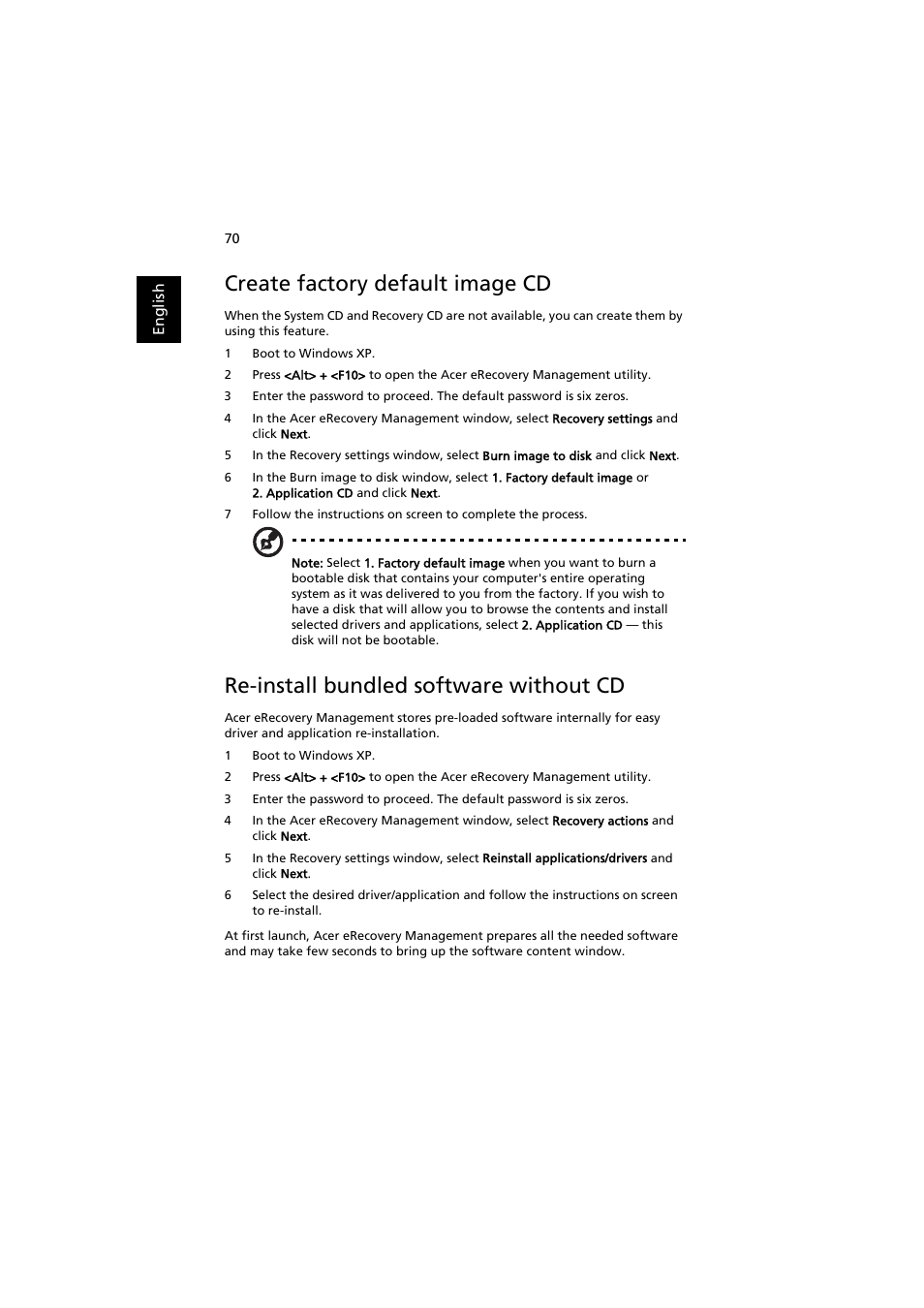 Create factory default image cd, Re-install bundled software without cd | Acer Aspire 3660 User Manual | Page 84 / 101