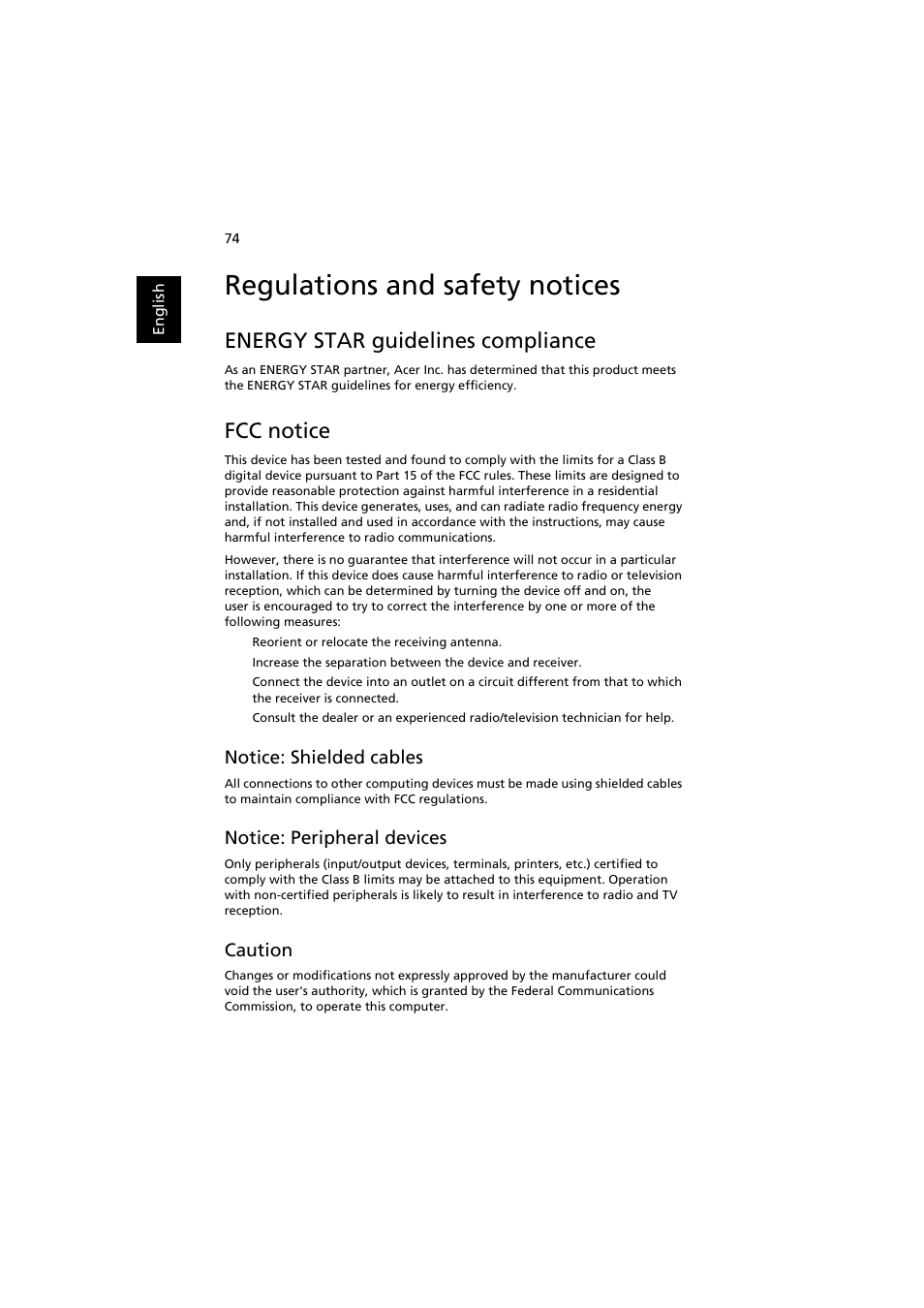 Regulations and safety notices, Energy star guidelines compliance, Fcc notice | Notice: shielded cables, Notice: peripheral devices, Caution | Acer Aspire 3660 User Manual | Page 88 / 101