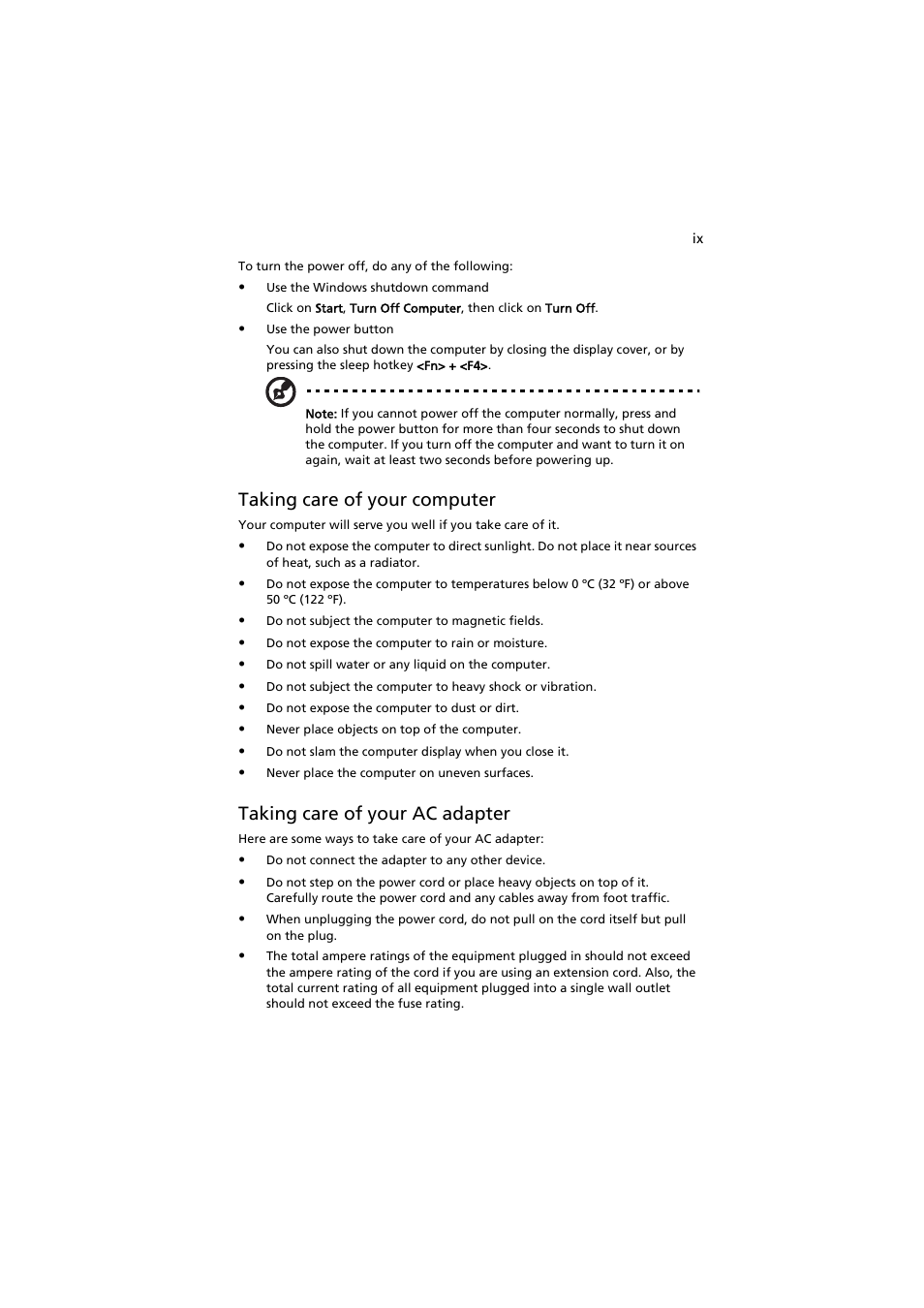 Taking care of your computer, Taking care of your ac adapter | Acer Aspire 3660 User Manual | Page 9 / 101