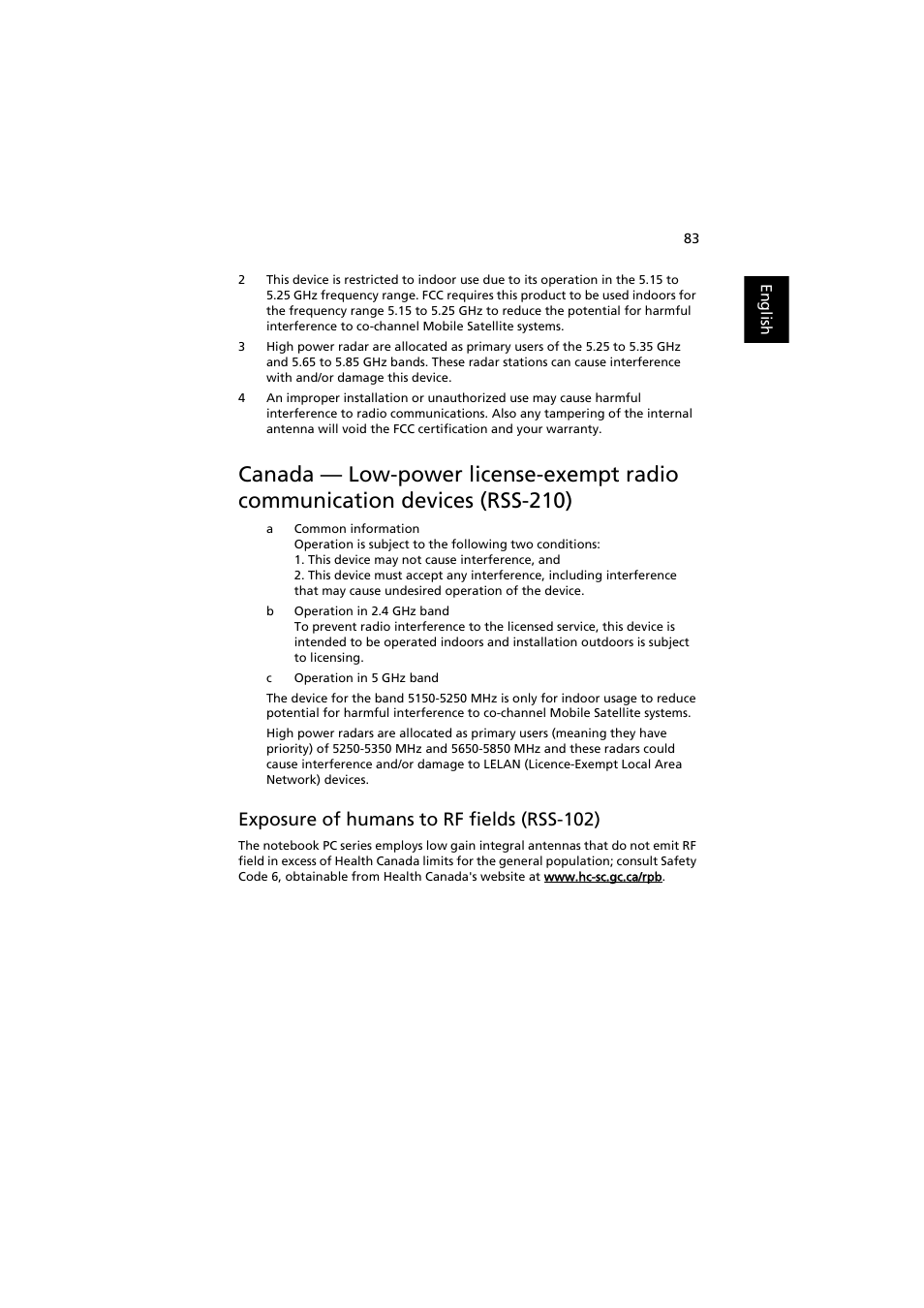 Canada — low-power license-exempt radio, Communication devices (rss-210), Exposure of humans to rf fields (rss-102) | Acer Aspire 3660 User Manual | Page 97 / 101