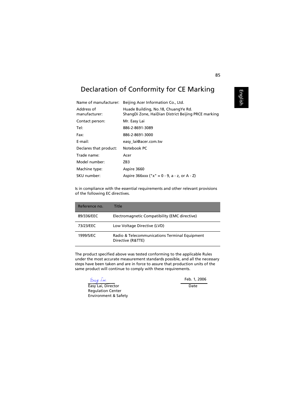Declaration of conformity for ce marking, Declaration of conformity for ce marking 85 | Acer Aspire 3660 User Manual | Page 99 / 101