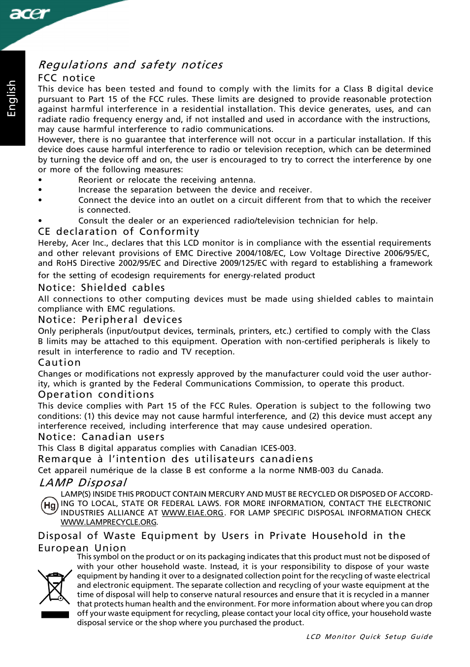 Lamp disposal, Regulations and safety notices, En gl is h | Acer P196HQV User Manual | Page 2 / 2