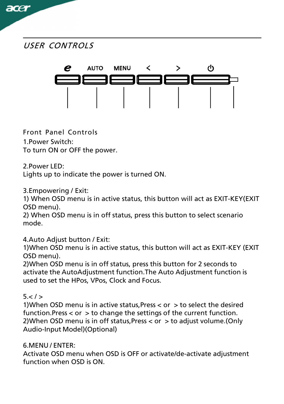 User controls | Acer B273H User Manual | Page 16 / 25