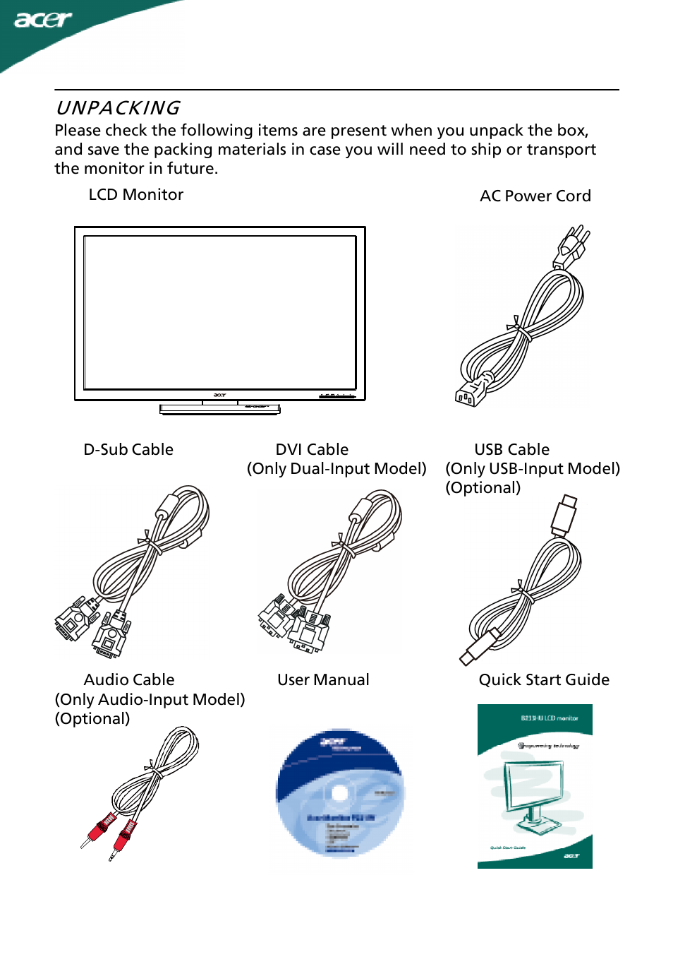 Unpacking | Acer B273H User Manual | Page 6 / 25