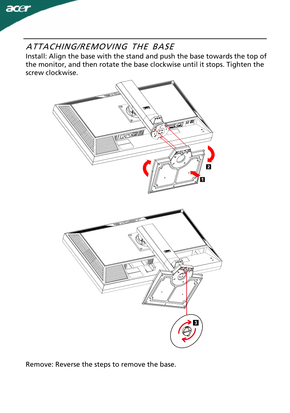 Attaching/removing the base | Acer B273H User Manual | Page 7 / 25