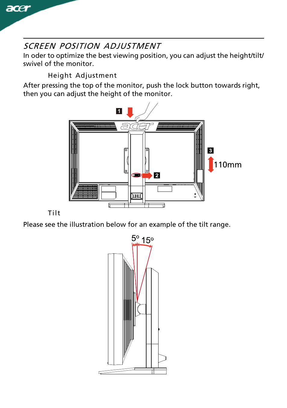 Screen position adjustment, 110mm | Acer B273H User Manual | Page 8 / 25