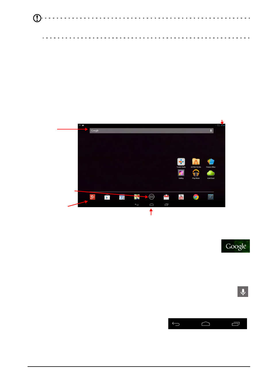 The home screen, Search, Navigation | Voice search | Acer TA272HUL User Manual | Page 13 / 33