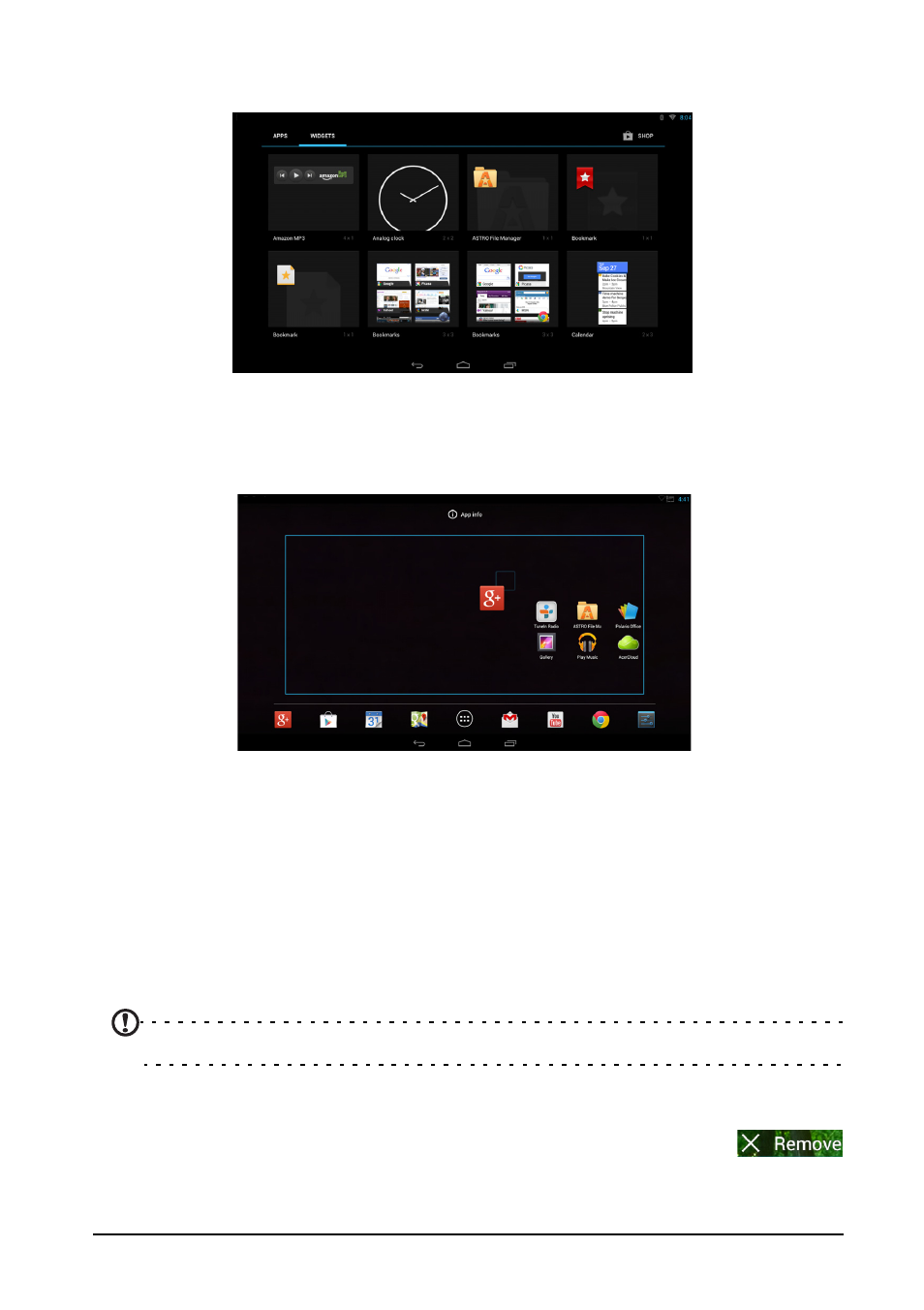 Resizing a widget, Removing an item from the home screen | Acer TA272HUL User Manual | Page 17 / 33