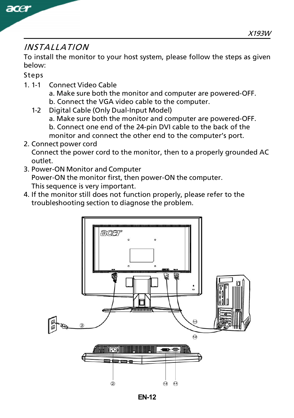 Installation | Acer X193W User Manual | Page 13 / 23