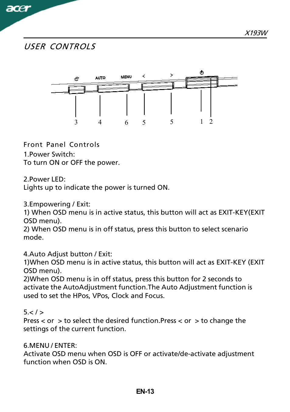 User controls | Acer X193W User Manual | Page 14 / 23