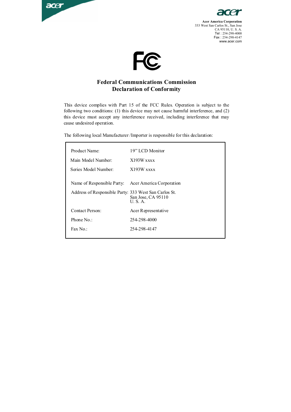 Acer X193W User Manual | Page 23 / 23