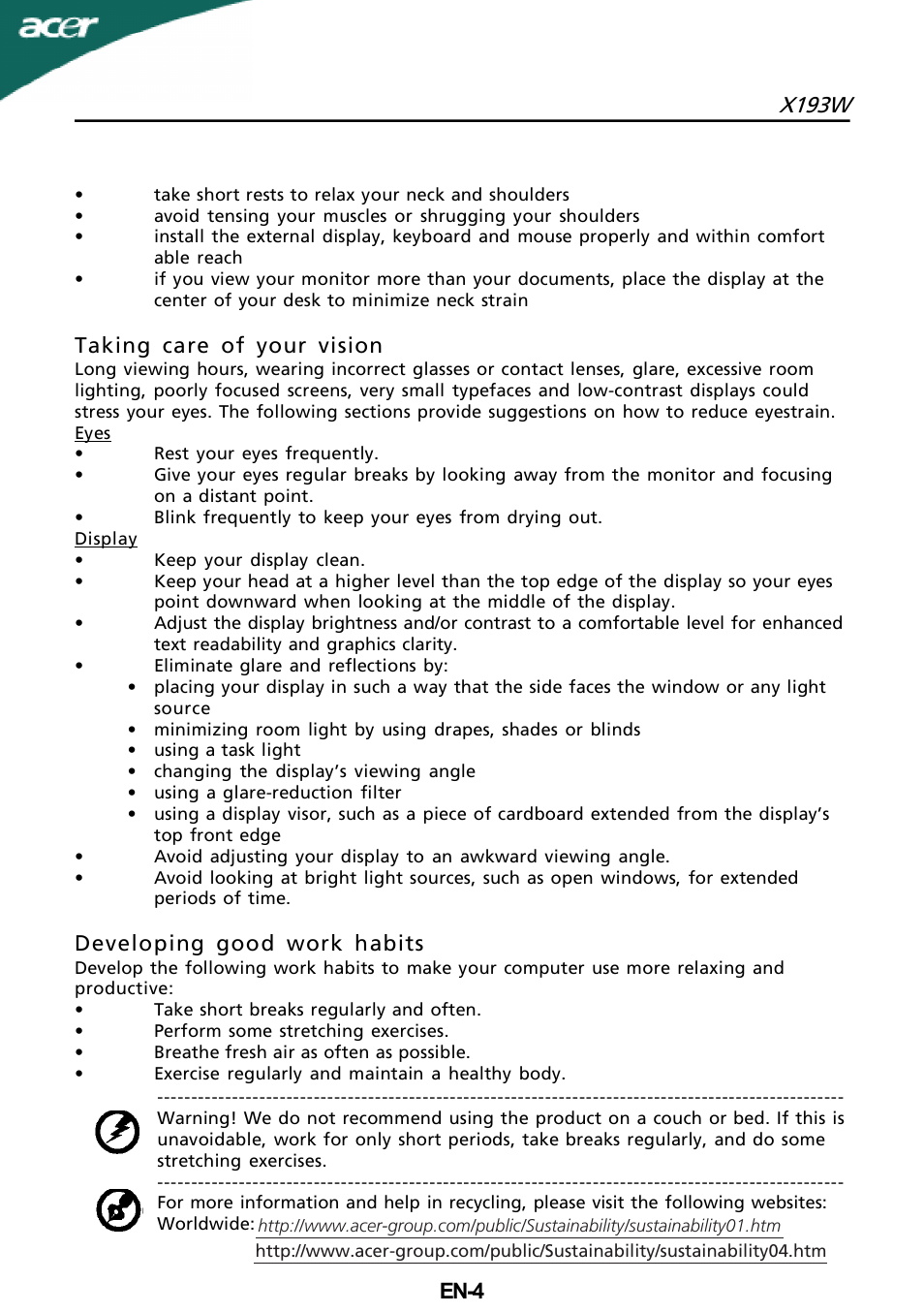 X193w, En-4, Taking care of your vision | Developing good work habits | Acer X193W User Manual | Page 5 / 23