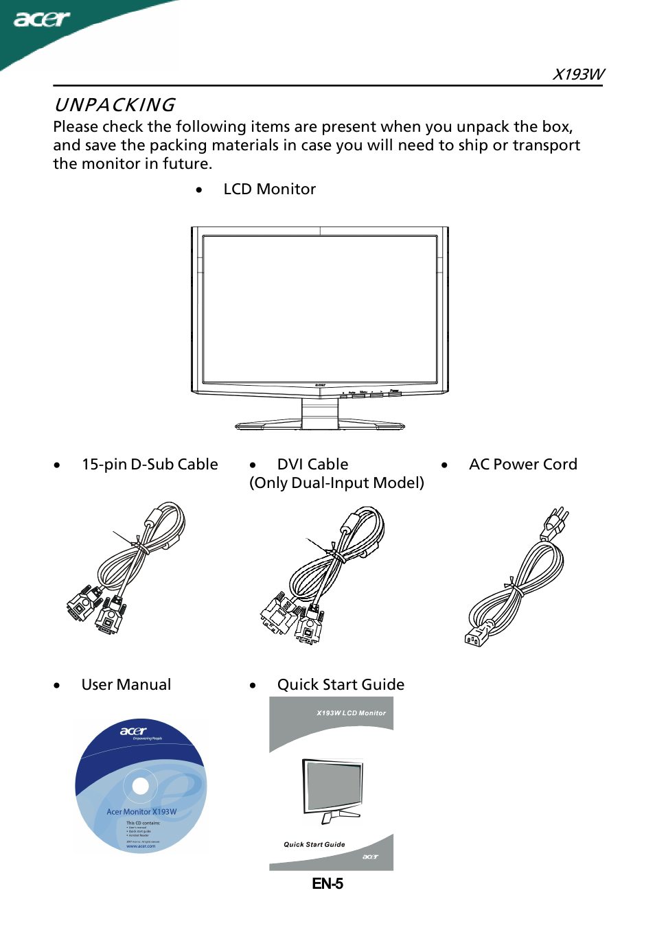 Unpacking | Acer X193W User Manual | Page 6 / 23