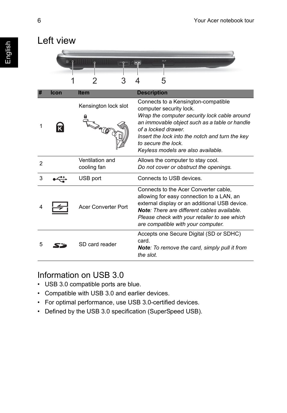 Left view, Information on usb 3.0 | Acer Aspire V5-122P User Manual | Page 6 / 10