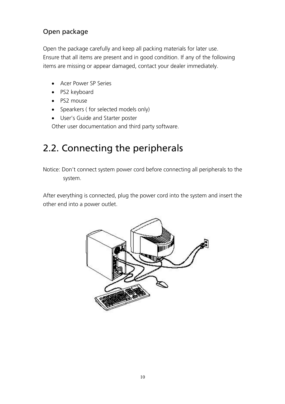 Open package, Connecting the peripherals | Acer AcerPower SP User Manual | Page 11 / 21