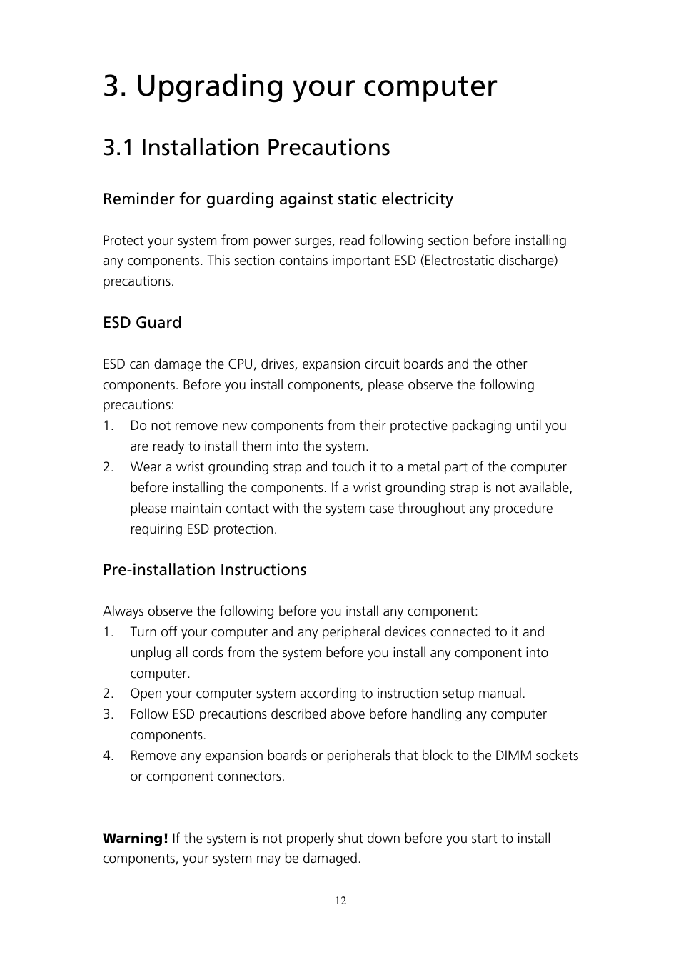 Upgrading your computer, 1 installation precautions, Reminder for guarding against static electricity | Esd guard, Pre-installation instructions | Acer AcerPower SP User Manual | Page 13 / 21