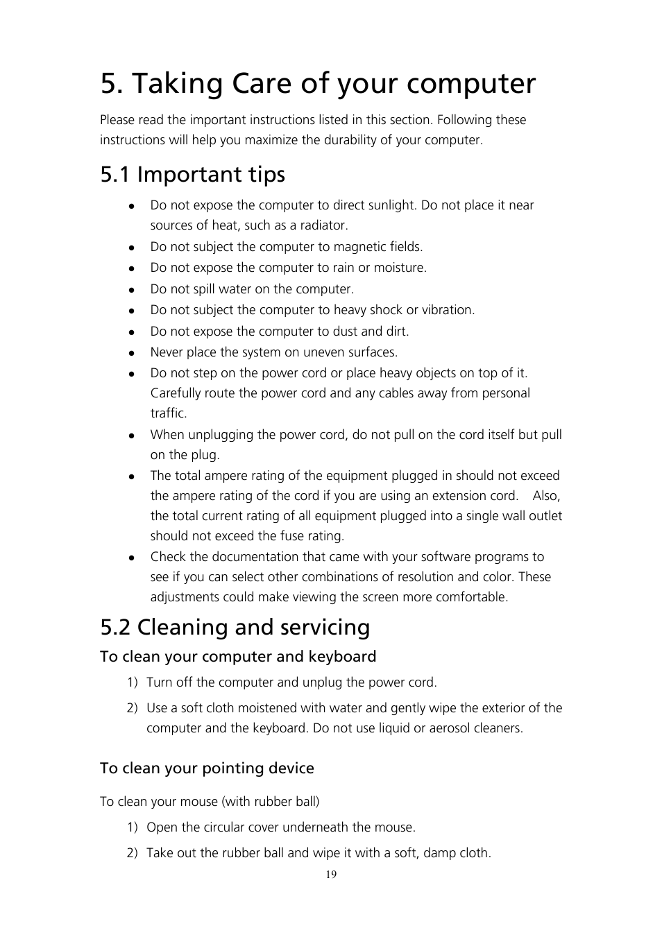 Taking care of your computer, 1 important tips, 2 cleaning and servicing | To clean your computer and keyboard, To clean your pointing device, 1 important tips 5.2 cleaning and servicing | Acer AcerPower SP User Manual | Page 20 / 21