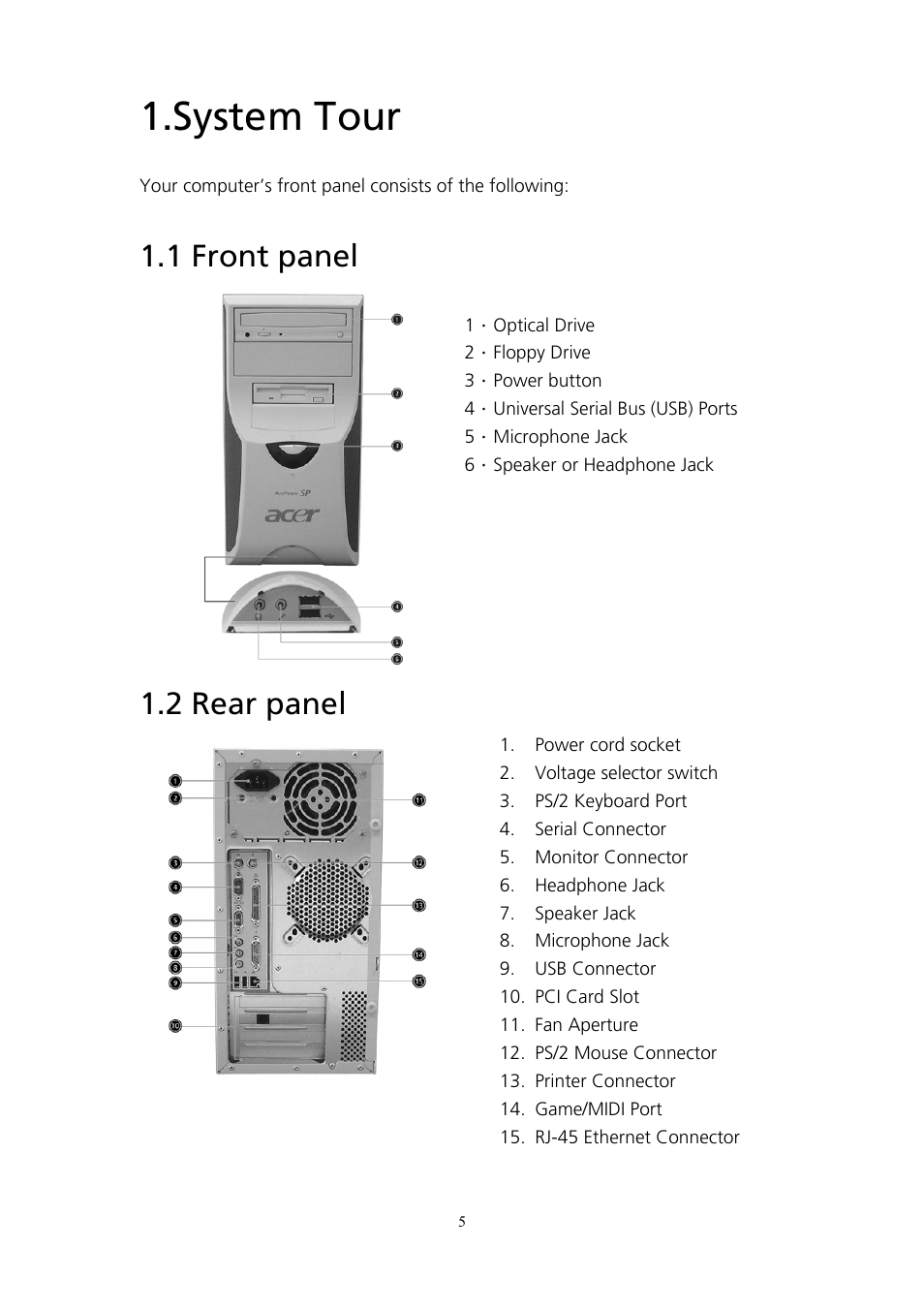 System tour, 1 front panel, 2 rear panel | 1 front panel 1.2 rear panel | Acer AcerPower SP User Manual | Page 6 / 21