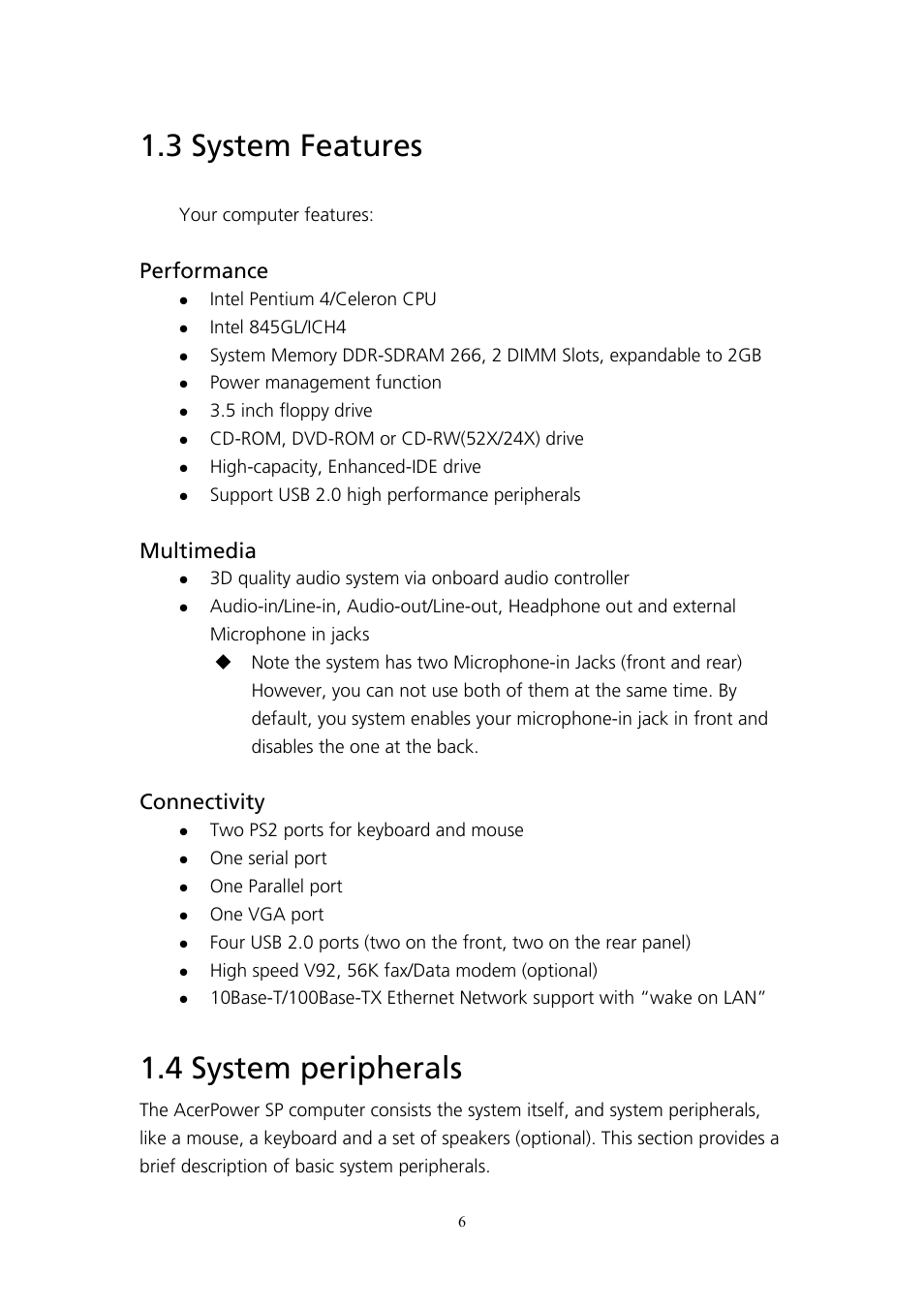 3 system features, Your computer features, Performance | Multimedia, Connectivity, 4 system peripherals, Performance multimedia connectivity | Acer AcerPower SP User Manual | Page 7 / 21