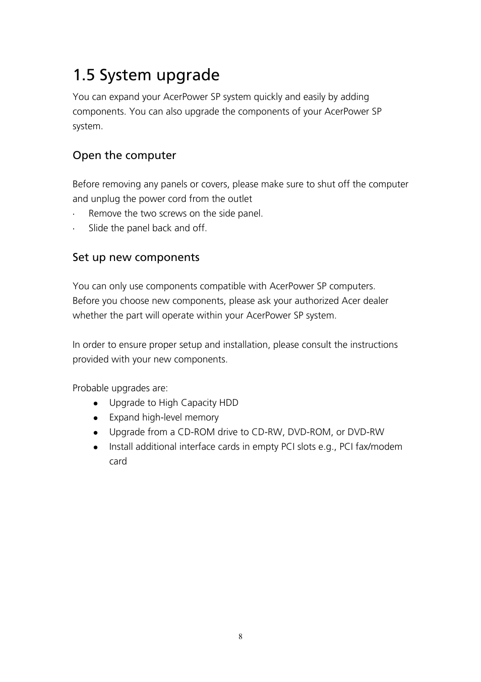 5 system upgrade, Open the computer, Set up new components | Open the computer set up new components | Acer AcerPower SP User Manual | Page 9 / 21