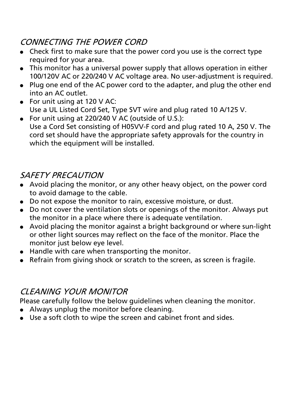 Connecting the power cord, Safety precaution, Cleaning your monitor | Acer S212HL User Manual | Page 12 / 28