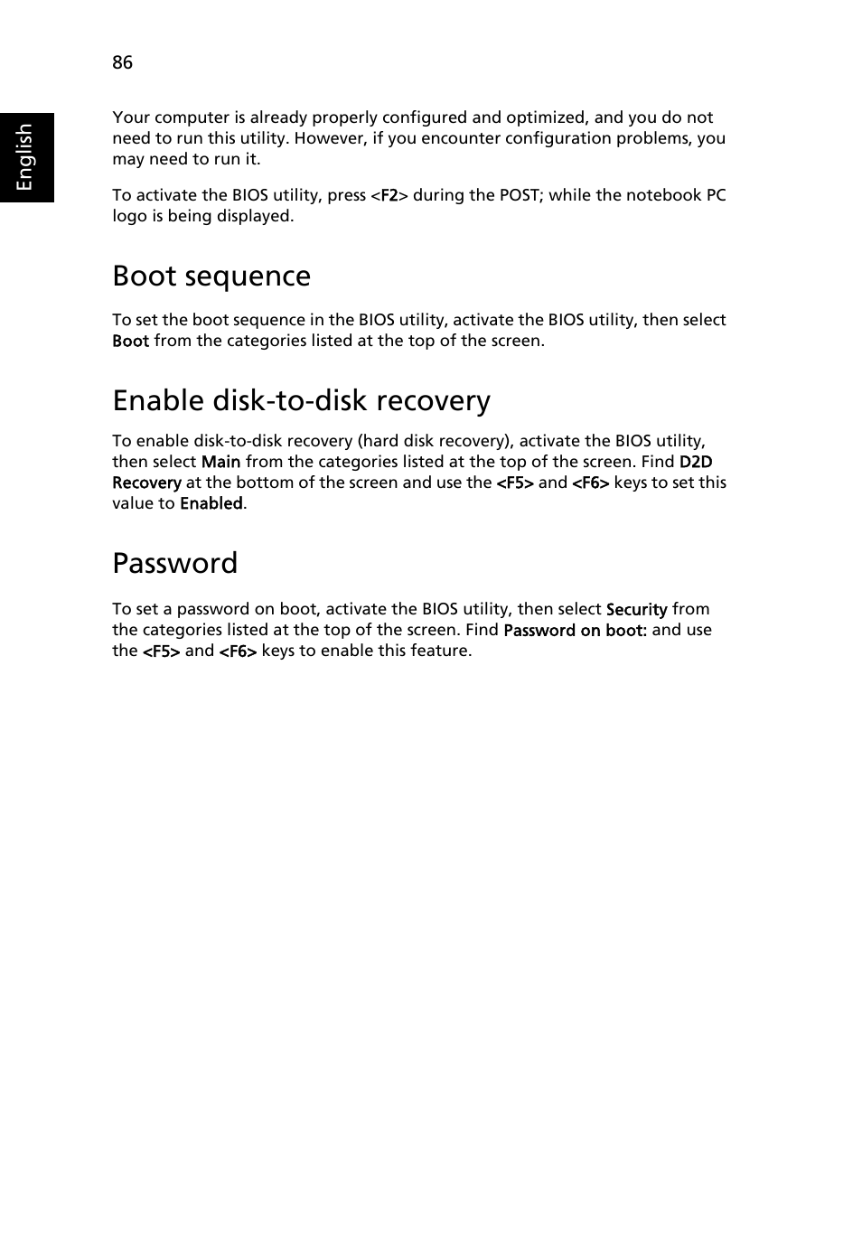 Boot sequence, Enable disk-to-disk recovery, Password | Acer Aspire 9510 User Manual | Page 102 / 123