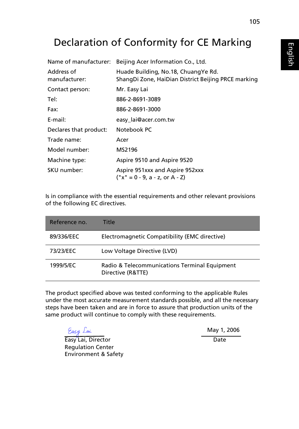 Declaration of conformity for ce marking, Declaration of conformity for ce marking 105, Eng lish eng lis h | Acer Aspire 9510 User Manual | Page 121 / 123