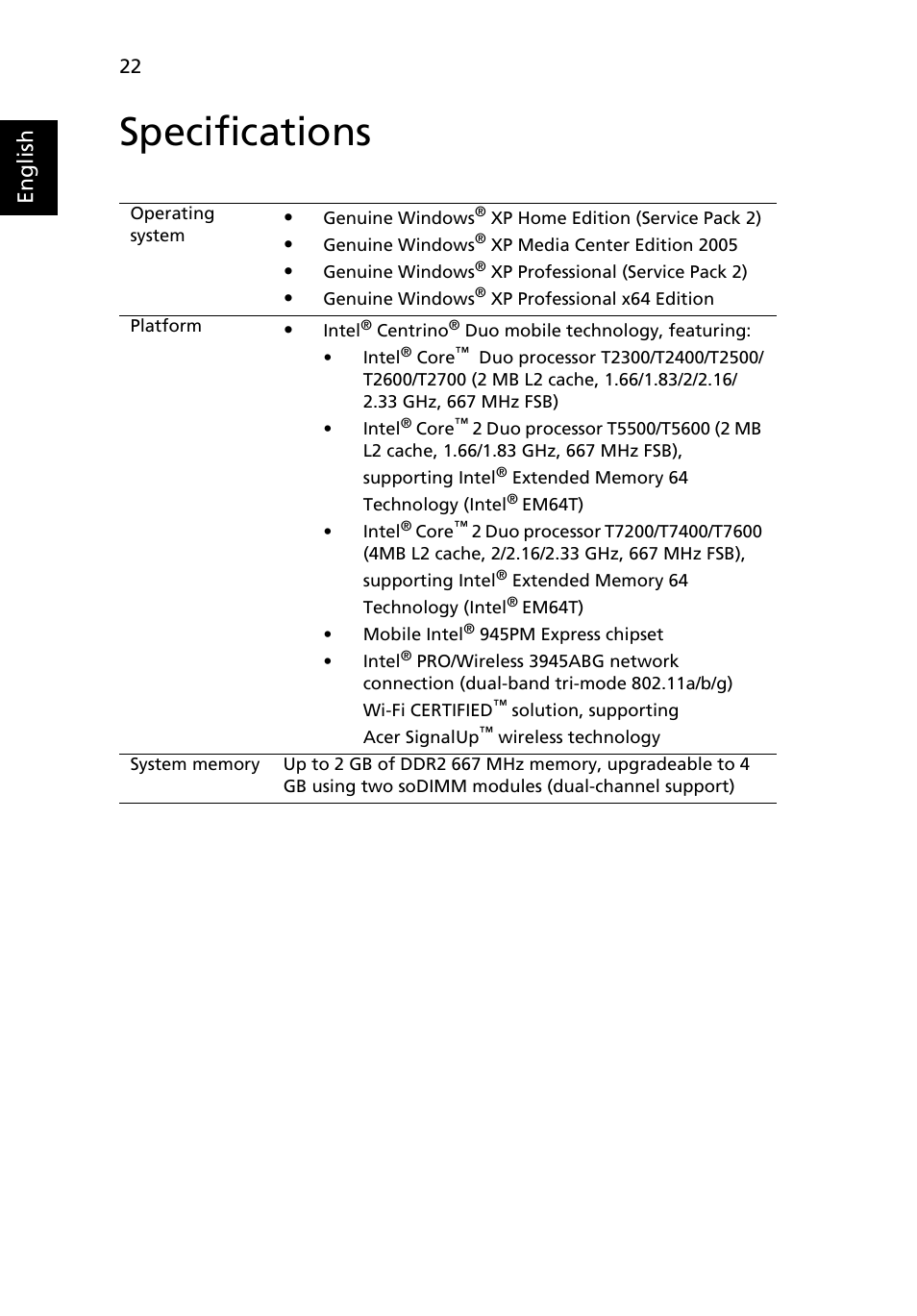 Specifications, En gl ish | Acer Aspire 9510 User Manual | Page 38 / 123