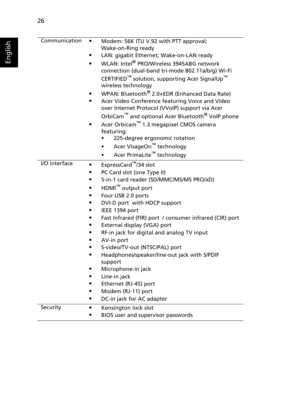 English | Acer Aspire 9510 User Manual | Page 42 / 123