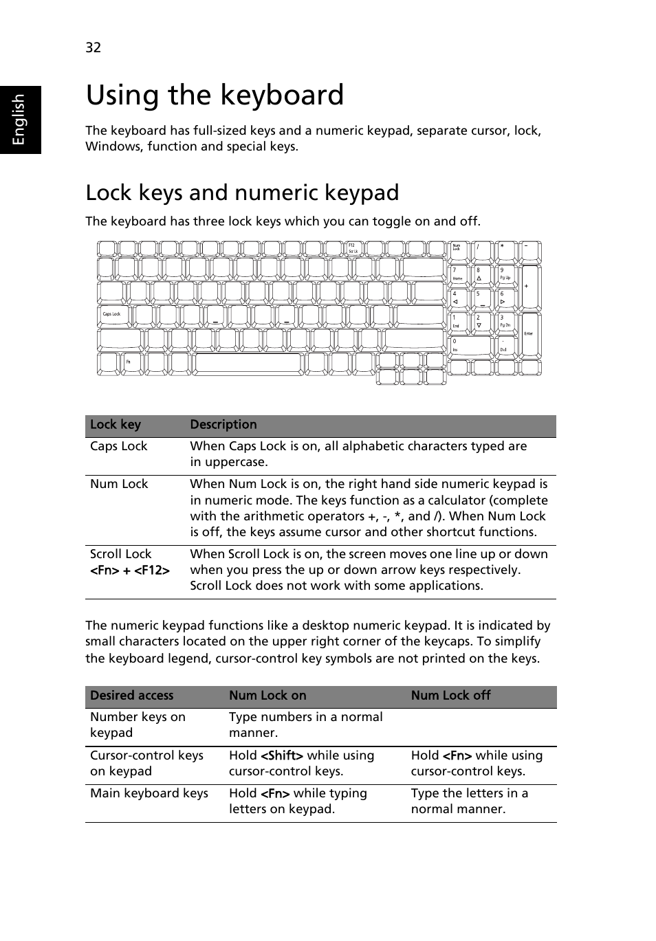 Using the keyboard, Lock keys and numeric keypad | Acer Aspire 9510 User Manual | Page 48 / 123