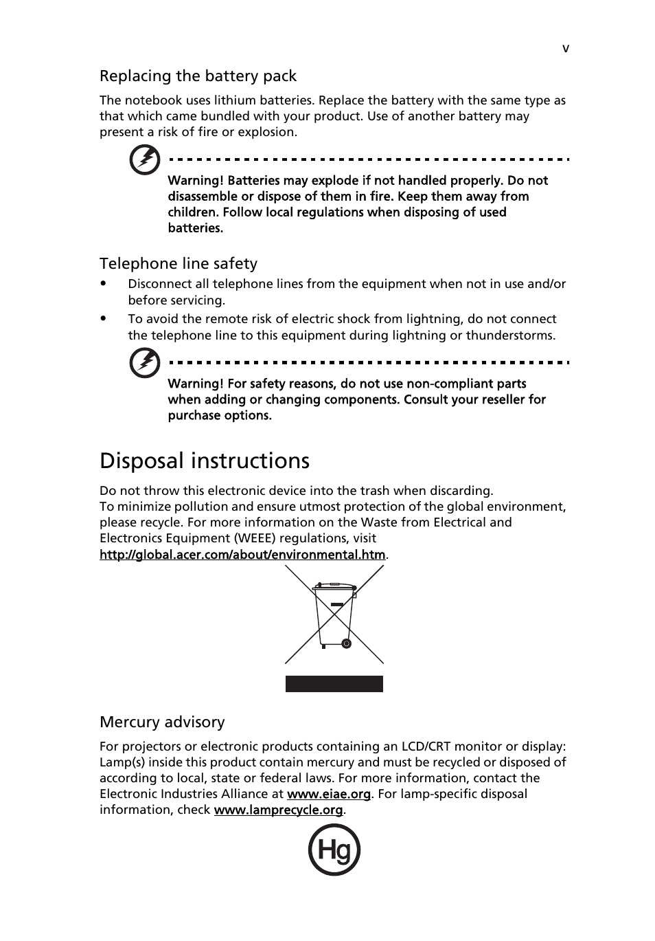 Disposal instructions | Acer Aspire 9510 User Manual | Page 5 / 123