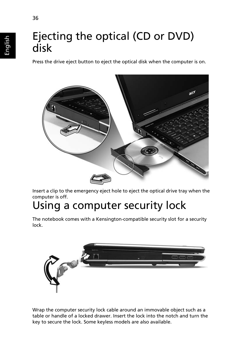 Ejecting the optical (cd or dvd) disk, Using a computer security lock | Acer Aspire 9510 User Manual | Page 52 / 123