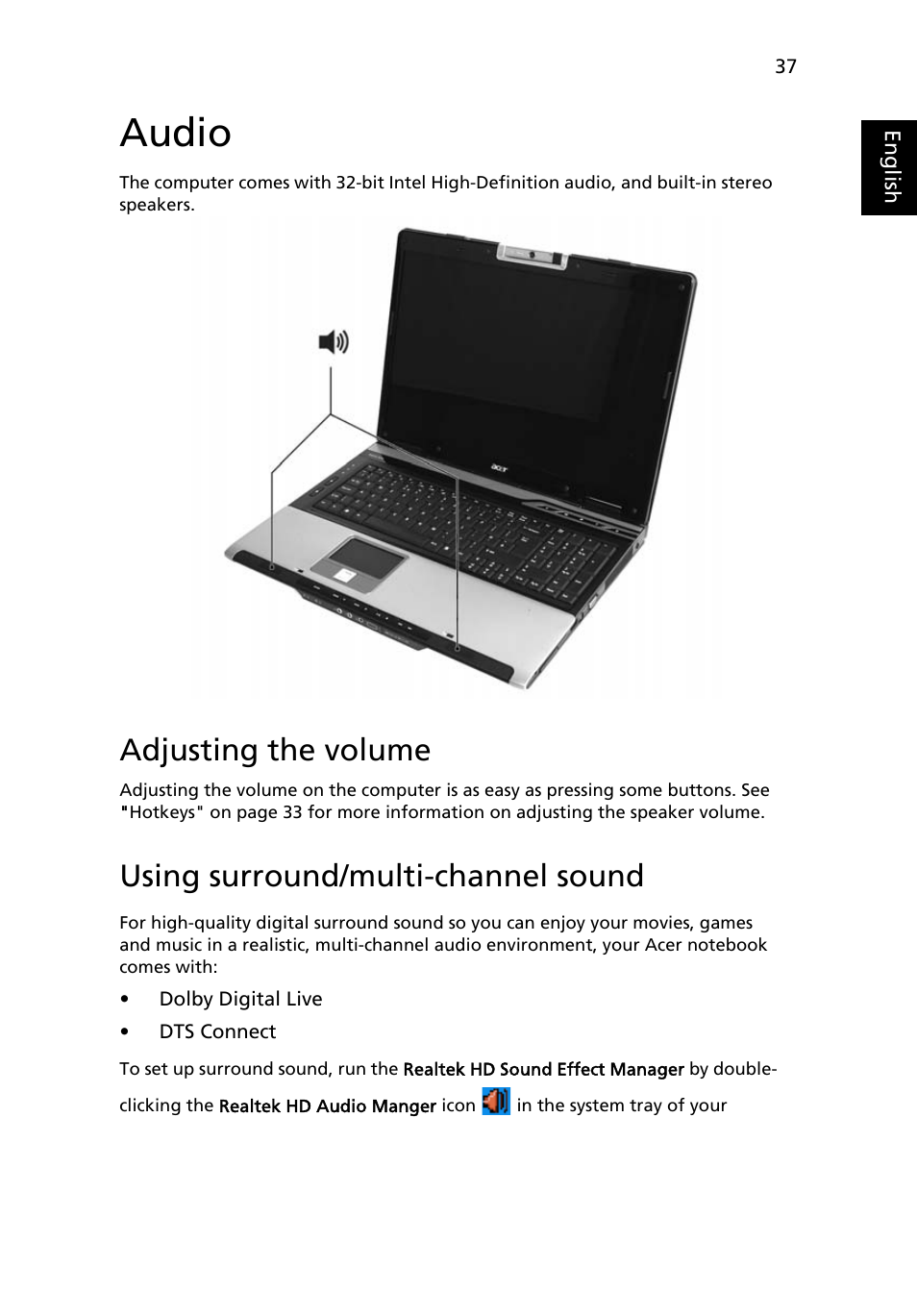 Audio, Adjusting the volume, Using surround/multi-channel sound | Acer Aspire 9510 User Manual | Page 53 / 123