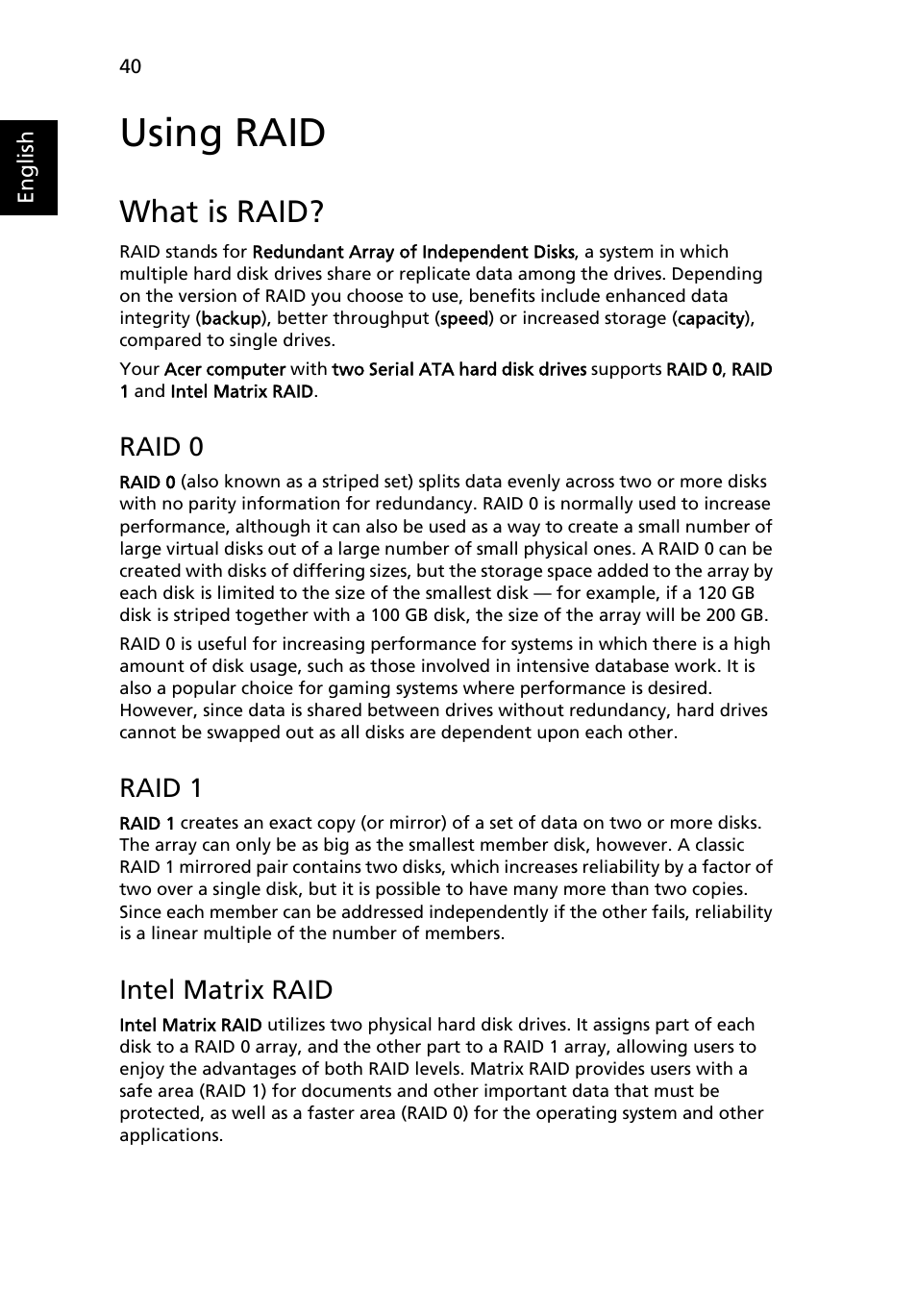 Using raid, What is raid, Raid 0 | Raid 1, Intel matrix raid | Acer Aspire 9510 User Manual | Page 56 / 123