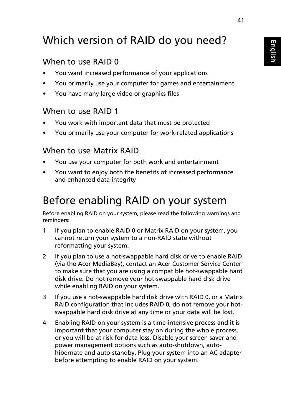 Which version of raid do you need, Before enabling raid on your system, When to use raid 0 | When to use raid 1, When to use matrix raid | Acer Aspire 9510 User Manual | Page 57 / 123