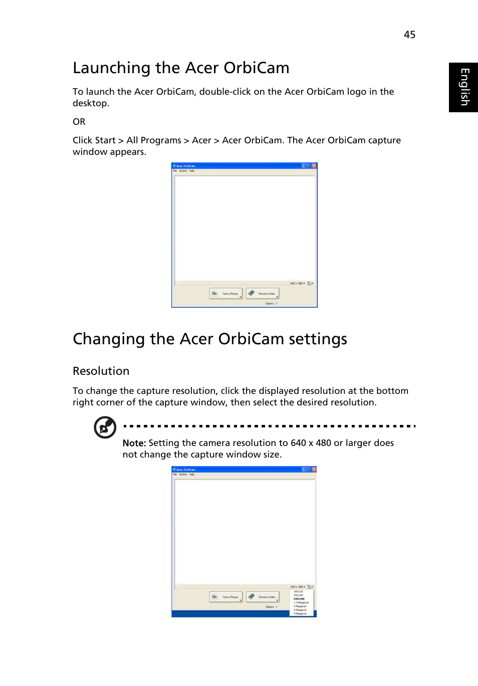 Launching the acer orbicam, Changing the acer orbicam settings | Acer Aspire 9510 User Manual | Page 61 / 123