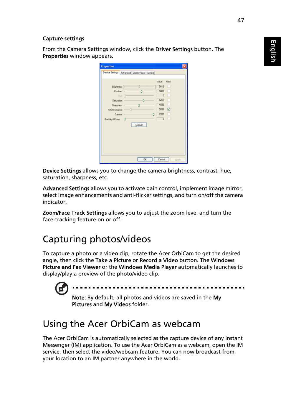 Capturing photos/videos, Using the acer orbicam as webcam | Acer Aspire 9510 User Manual | Page 63 / 123