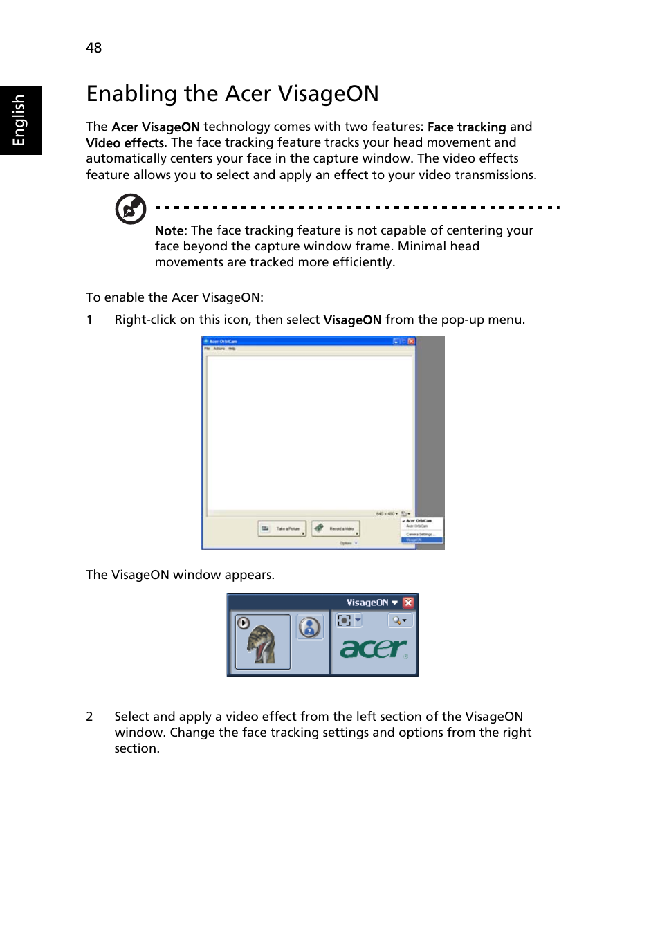 Enabling the acer visageon | Acer Aspire 9510 User Manual | Page 64 / 123