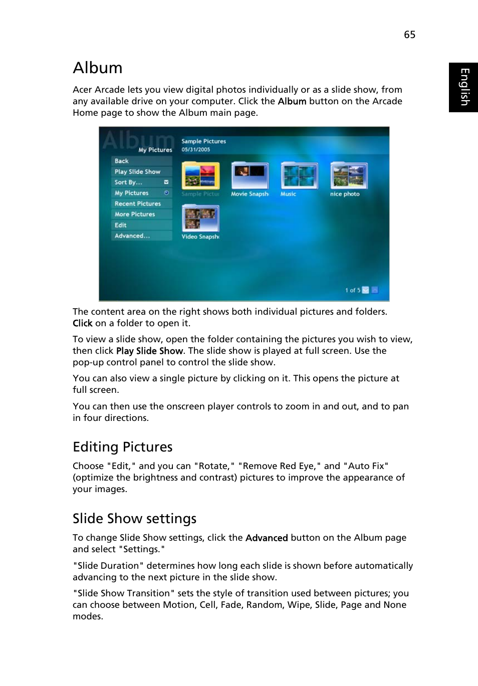 Album, Editing pictures, Slide show settings | Acer Aspire 9510 User Manual | Page 81 / 123