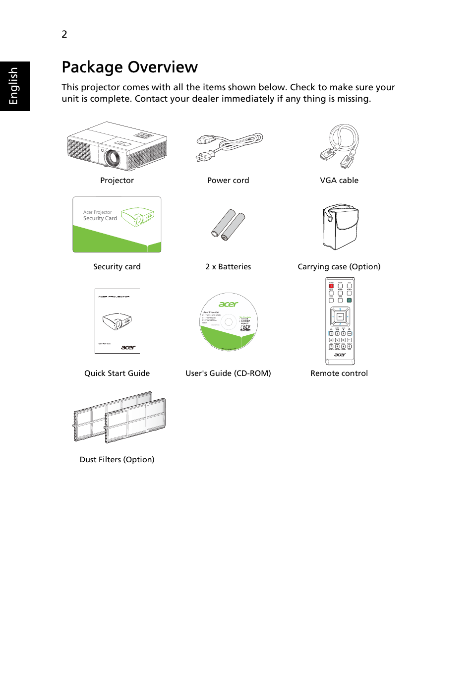 Package overview, English | Acer X1270 User Manual | Page 12 / 66