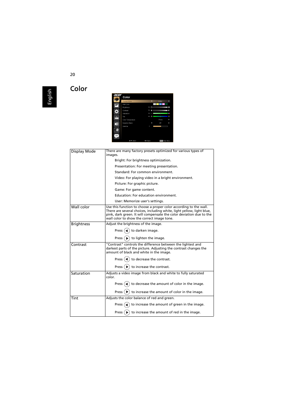 Color | Acer X1270 User Manual | Page 30 / 66