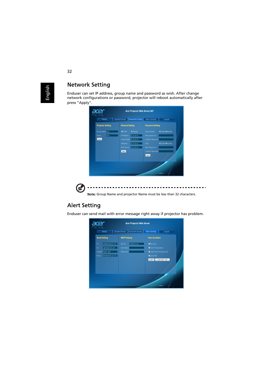 Network setting, Alert setting | Acer X1270 User Manual | Page 42 / 66