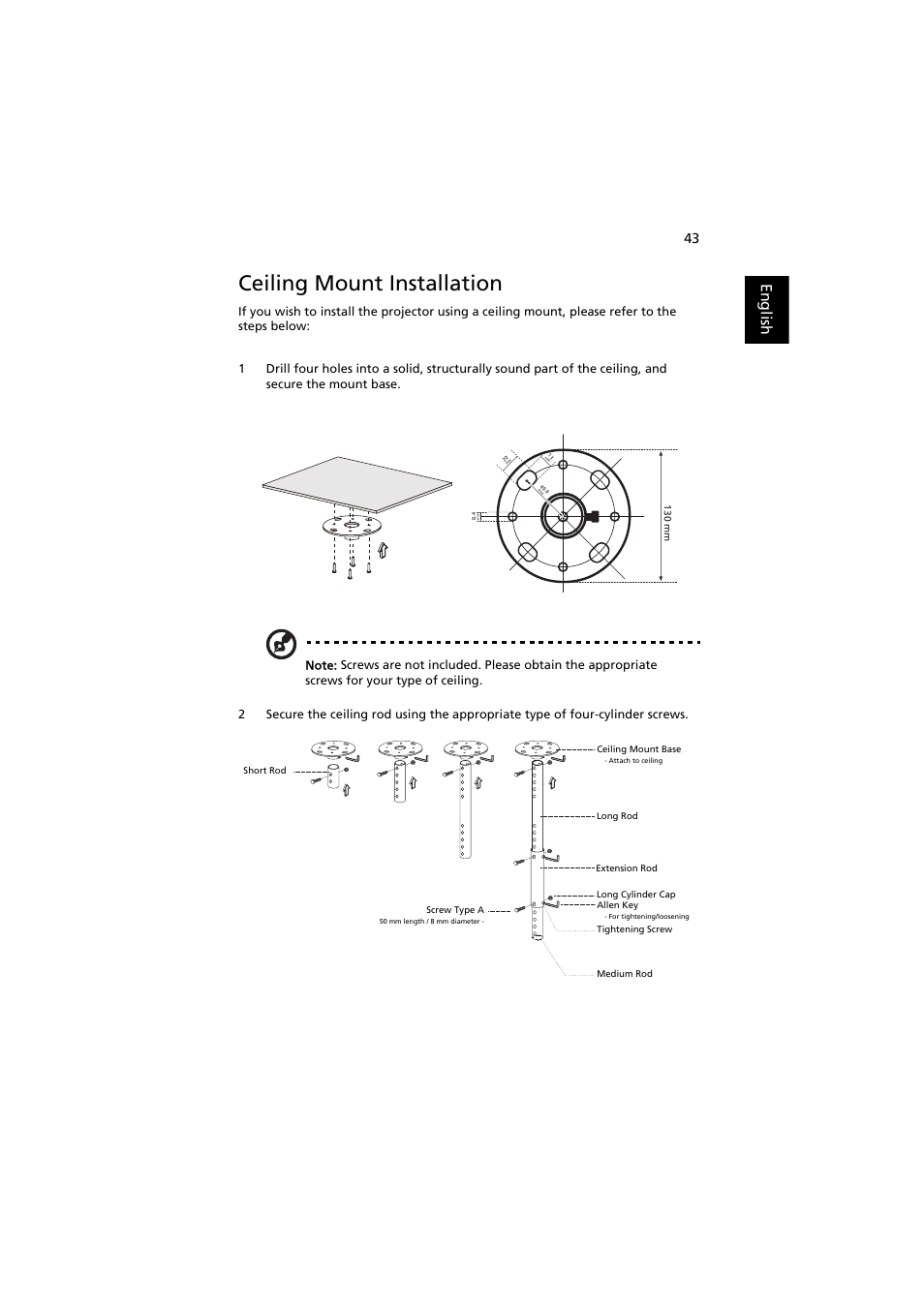 Ceiling mount installation, English | Acer X1270 User Manual | Page 53 / 66