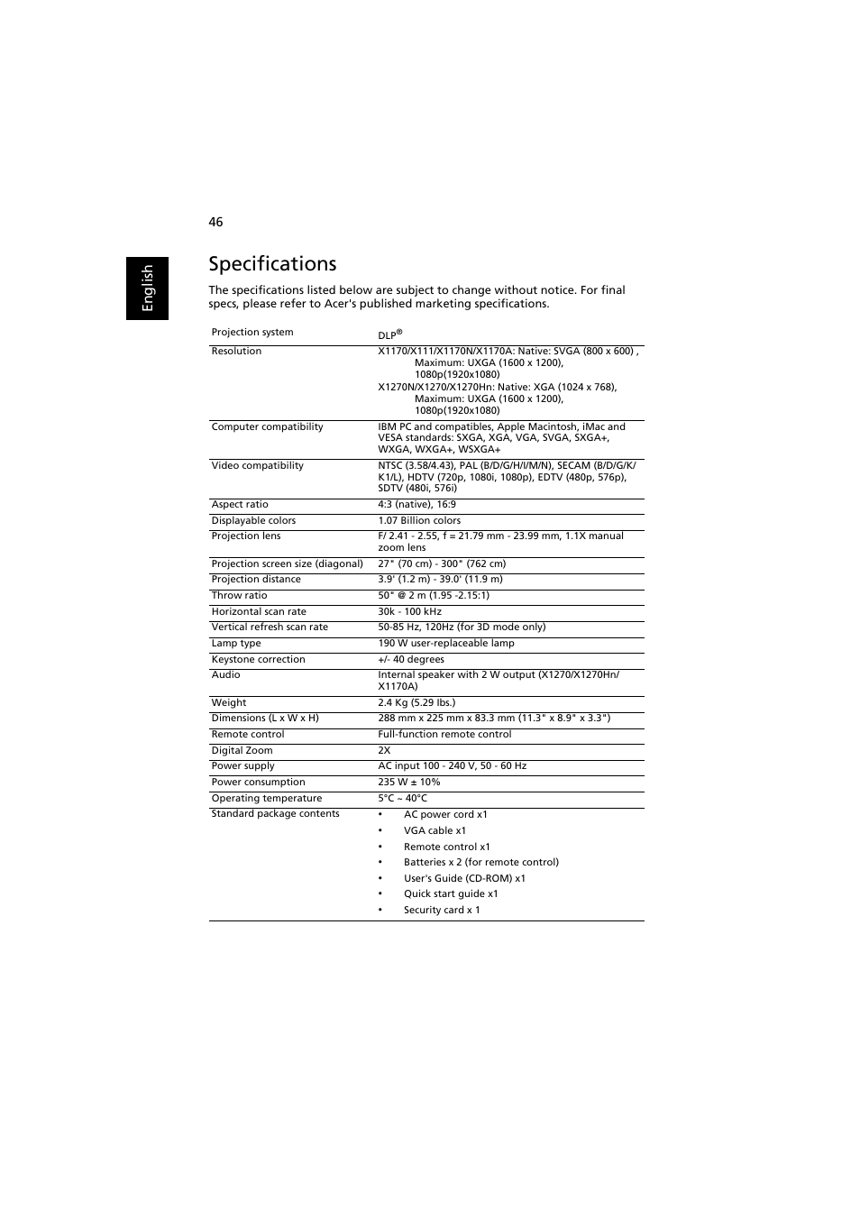 Specifications, En gl ish | Acer X1270 User Manual | Page 56 / 66