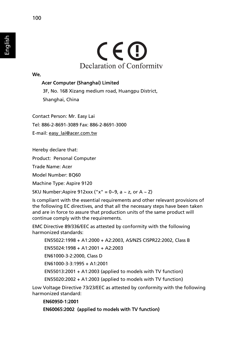 English | Acer Aspire 9120 User Manual | Page 118 / 121