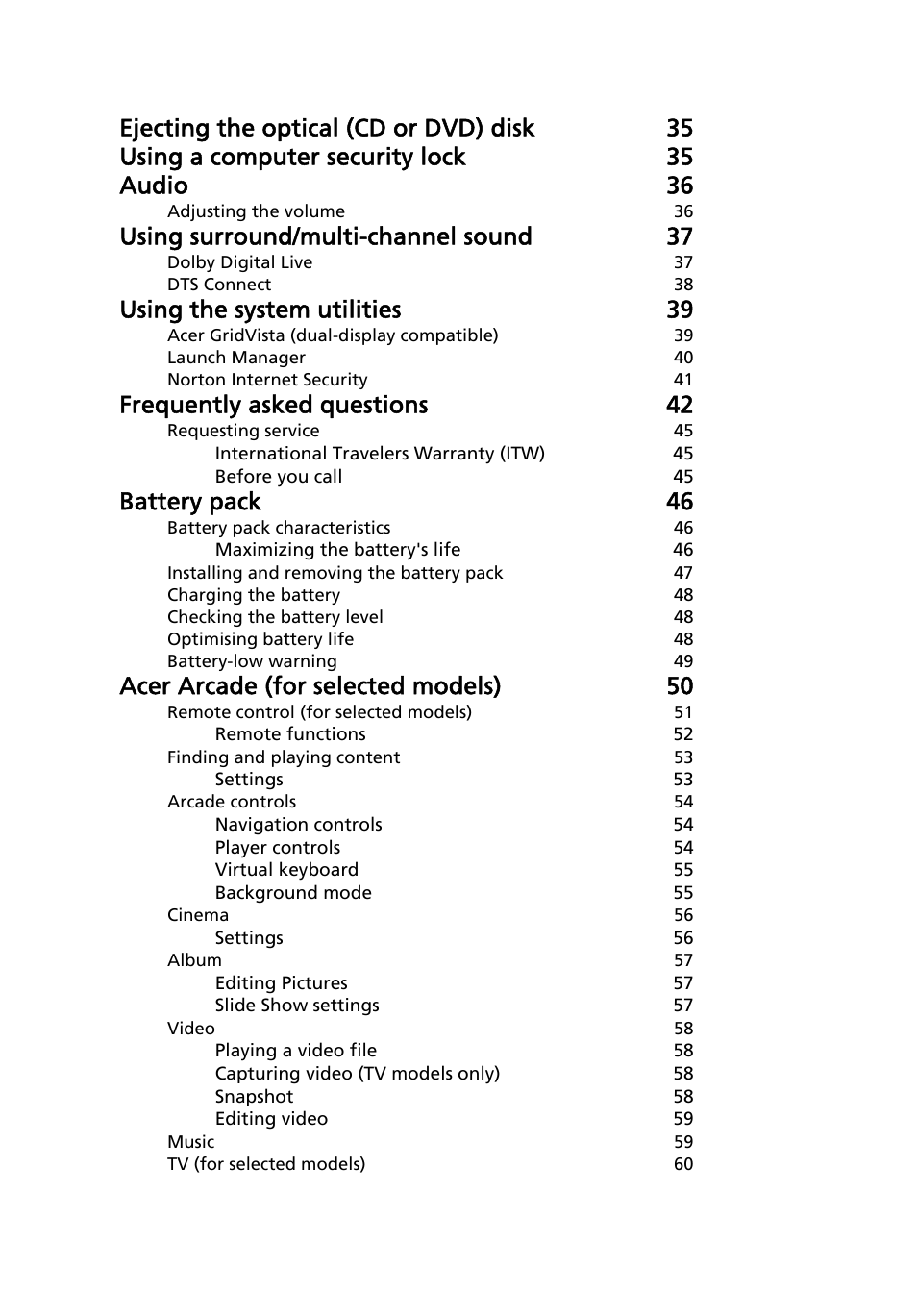 Using surround/multi-channel sound 37, Using the system utilities 39, Frequently asked questions 42 | Battery pack 46, Acer arcade (for selected models) 50 | Acer Aspire 9120 User Manual | Page 16 / 121