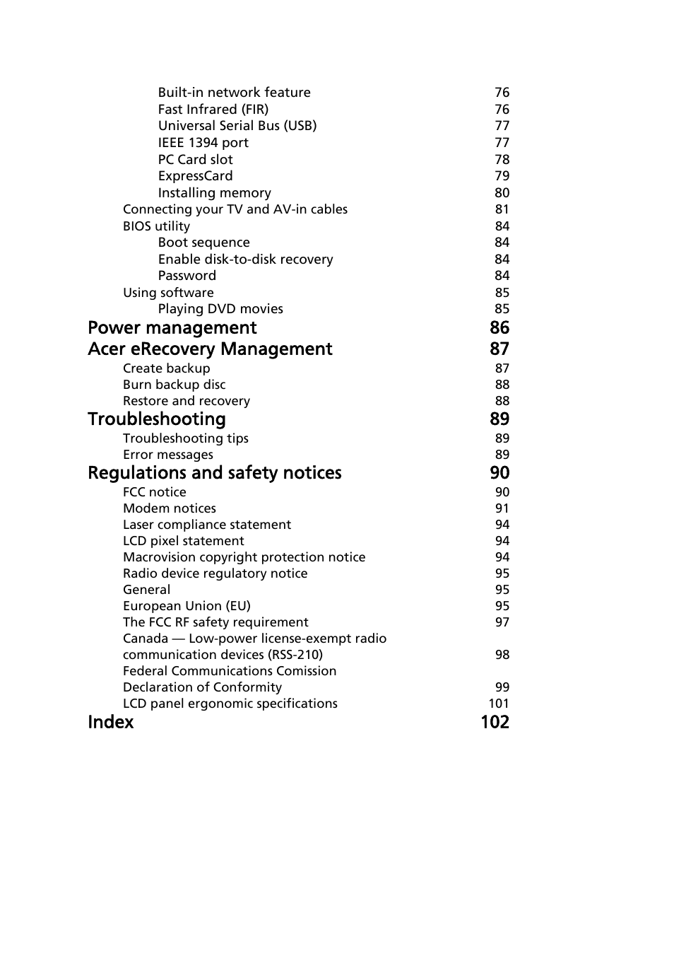 Power management 86 acer erecovery management 87, Troubleshooting 89, Regulations and safety notices 90 | Index 102 | Acer Aspire 9120 User Manual | Page 18 / 121