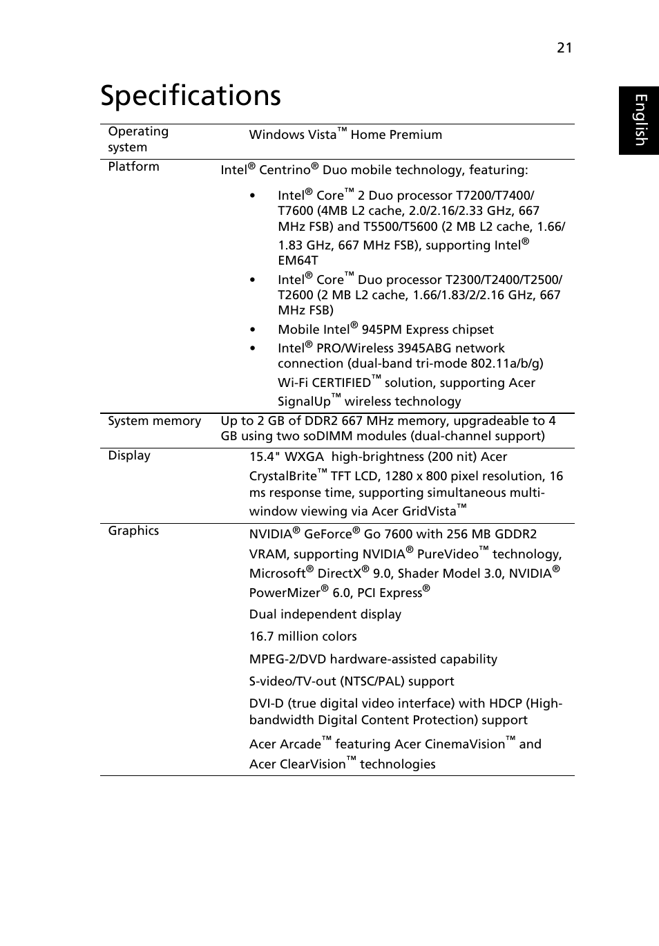 Specifications, Eng lis h | Acer Aspire 9120 User Manual | Page 39 / 121