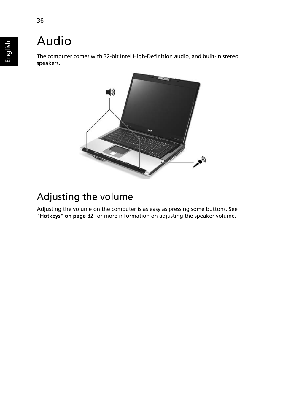 Audio, Adjusting the volume | Acer Aspire 9120 User Manual | Page 54 / 121