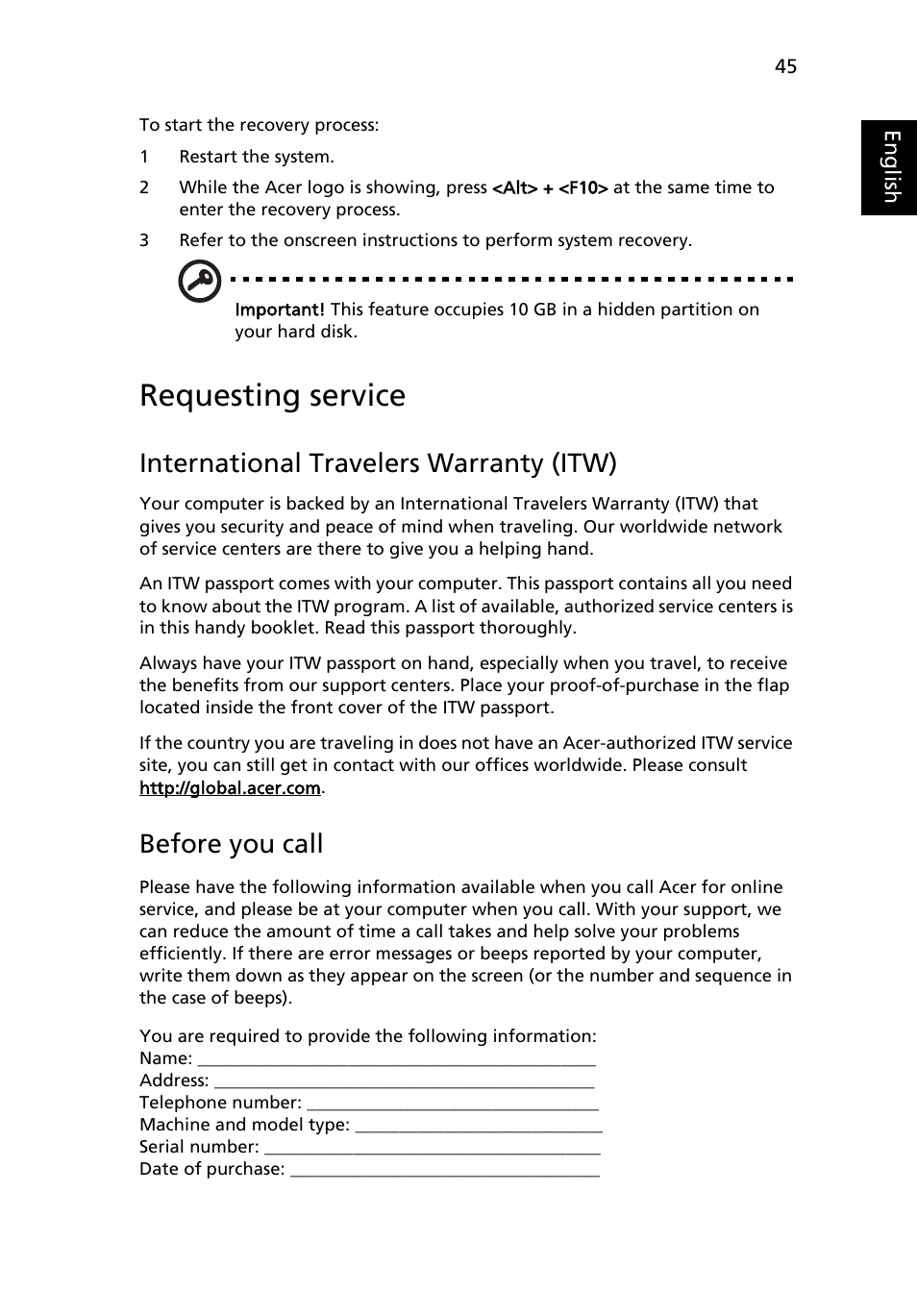 Requesting service, International travelers warranty (itw), Before you call | Acer Aspire 9120 User Manual | Page 63 / 121